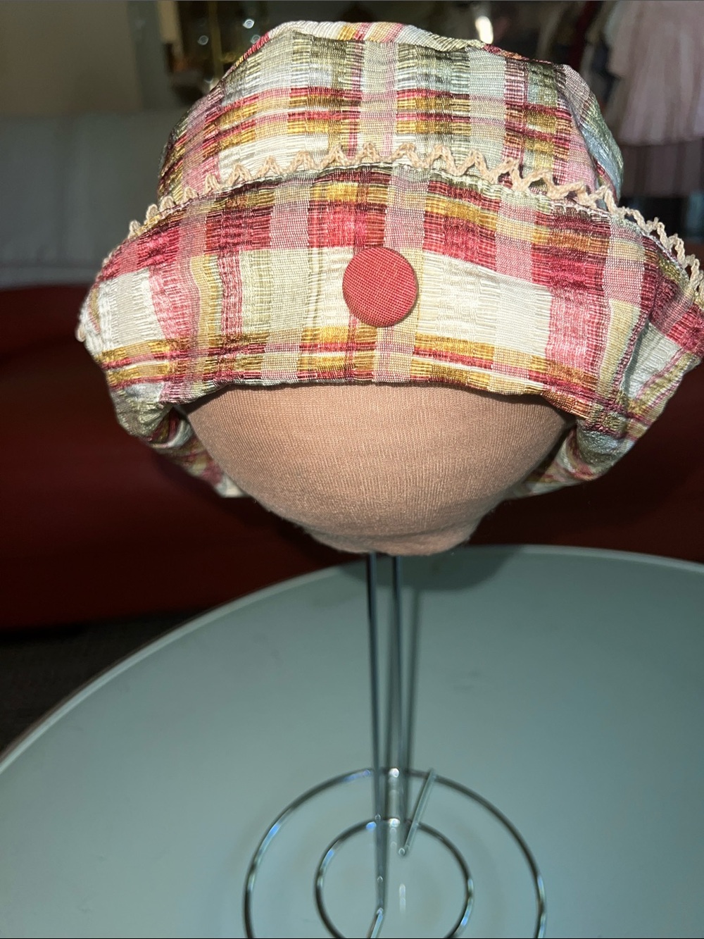 Vintage Neutral Cream Top with Red Plaid Skirt Dress and Matching Hat 24M - Picture 9 of 12